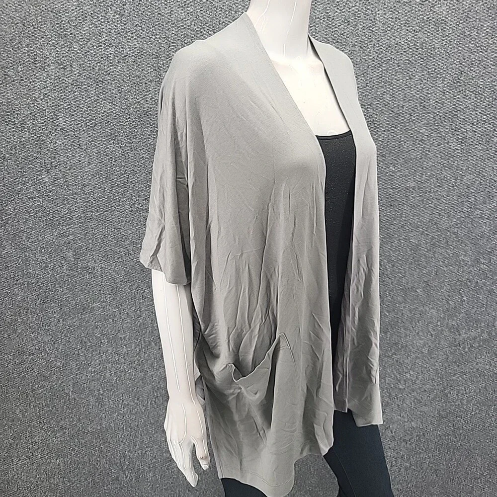 Susan Graver Weekend Jersey Knit Open Cardigan w Pockets Petite Small Size Gray